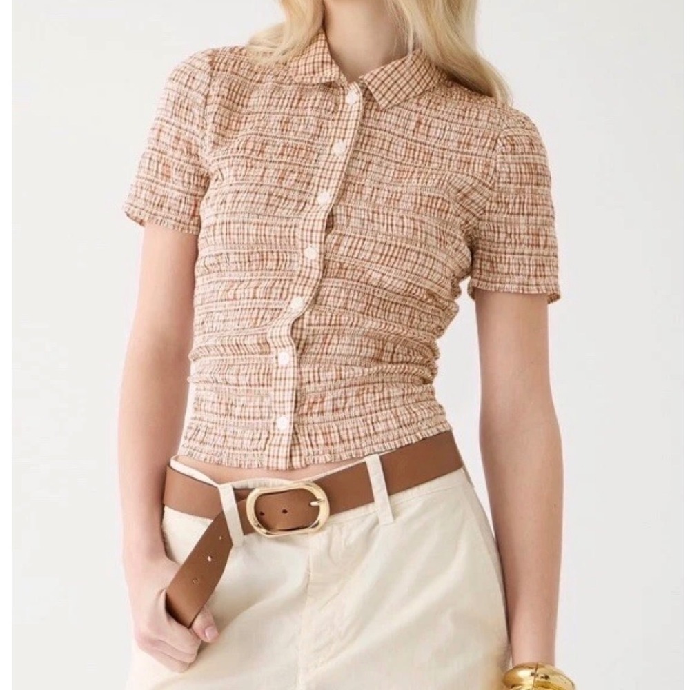 J. Crew Smocked Button Up Shirt Brown Gingham Cotton Voile Plaid - Medium